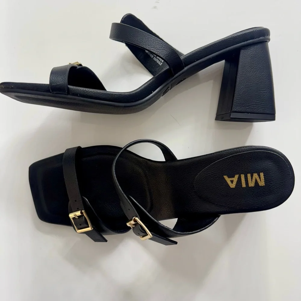 MIA Black Wedge Sandal with Gold Buckles